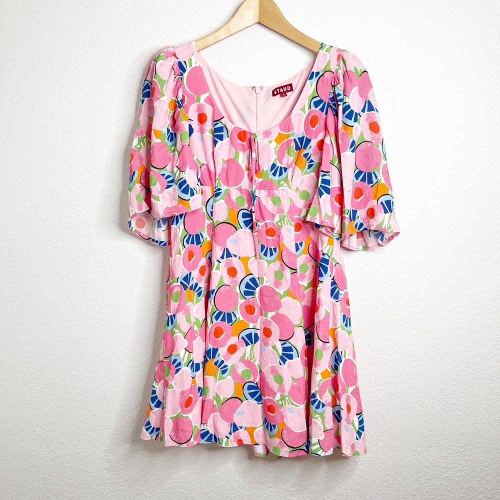 STAUD Pink Citrus Fruit Print Mini Dress Short Flutter Sleeve Scoop Neck Size 8